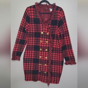 VENUS Red and Black Plaid Sweater Dress Fringe Gold Buttons Fitted XL